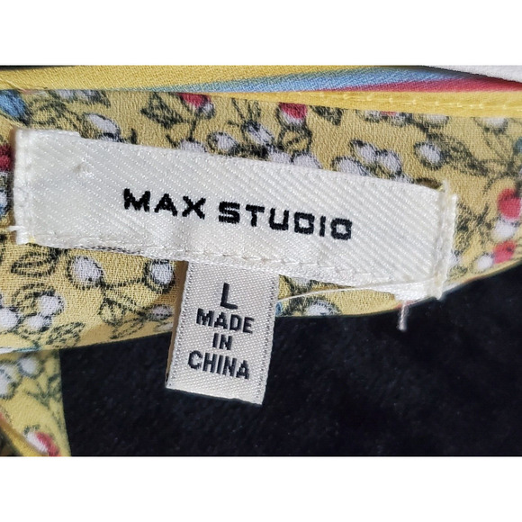 Max Studio Women's Yellow Floral 100% Polyester V-Neck Short Sleeve Top Blouse L - Picture 12 of 13